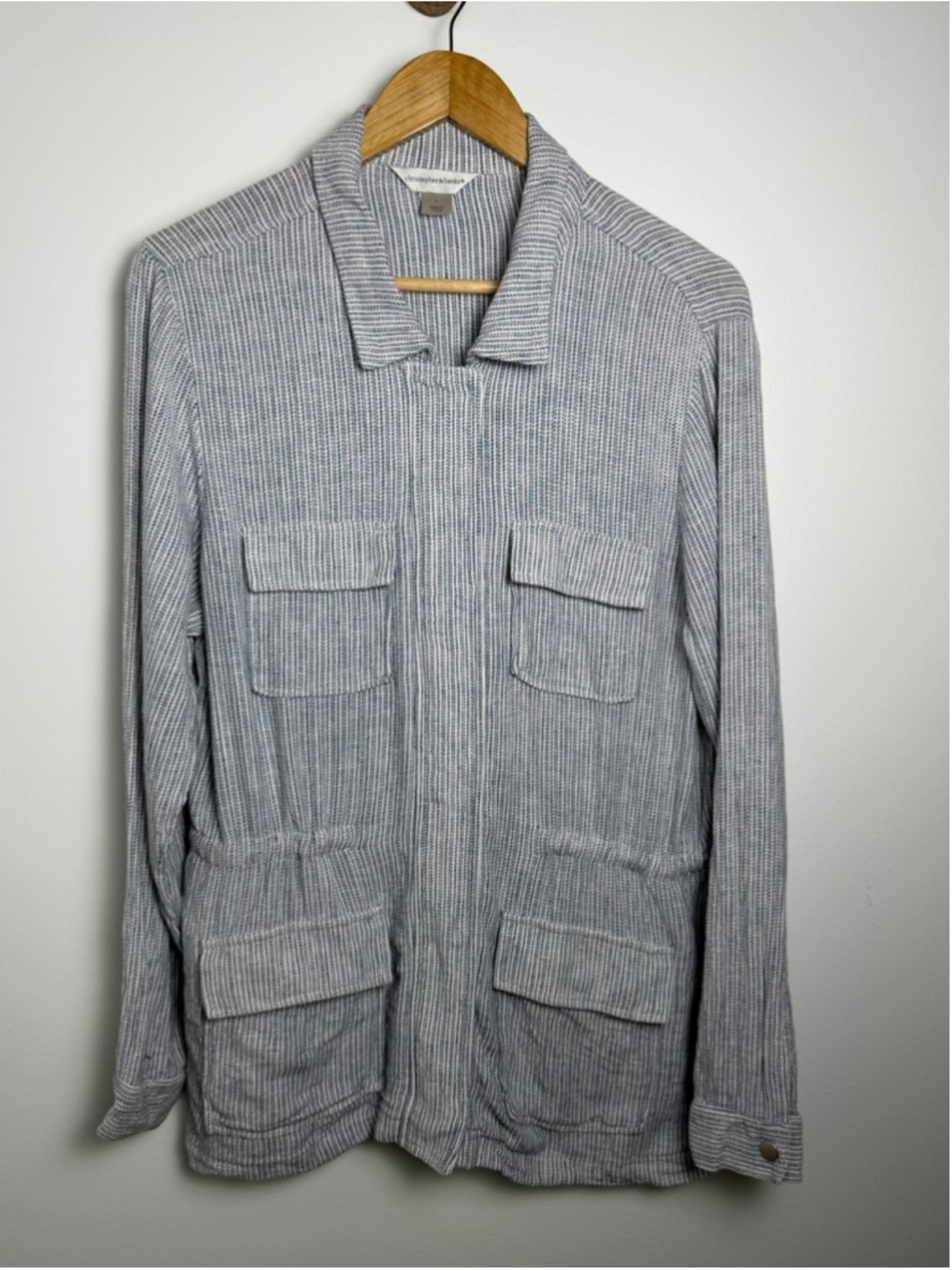 Christopher & Banks Coastal Linen Utility Jacket Blue Stripe L